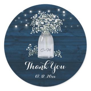 Navy Blue Rustic Wood Baby's Breath Thank You Classic Round Sticker