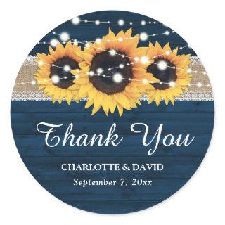 Navy Blue Rustic Wood Burlap Lace Sunflower Classic Round Sticker
