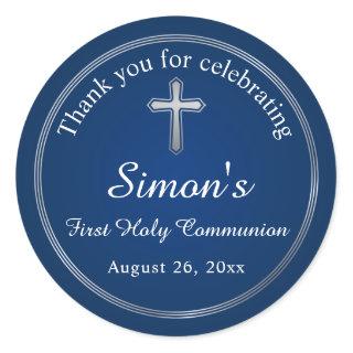 Navy Blue Silver First Holy Communion Classic Round Sticker