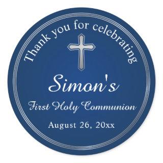 Navy Blue Silver First Holy Communion Classic Round Sticker