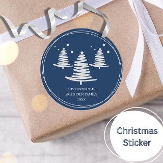Navy Blue Silver Minimalist Christmas Trees Classic Round Sticker