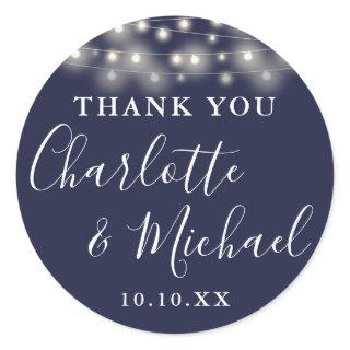 Navy Blue String Lights Wedding Favor Thank You  Classic Round Sticker