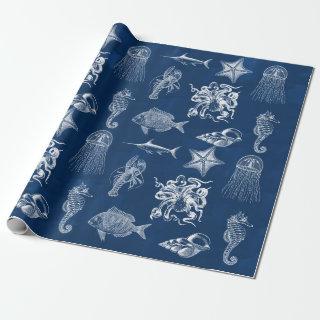 Navy Blue Watercolor Ocean Marine Animals