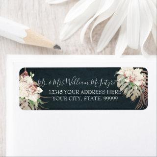 Navy Blue White Floral Tropical Foliage Wedding Label