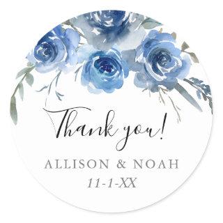 Navy blue white floral watercolor wedding favor classic round sticker
