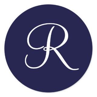 Navy Blue & White Monogram Initial R Classic Round Sticker