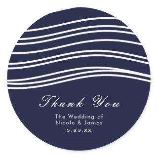 Navy Blue & White Wave Modern Wedding Classic Round Sticker