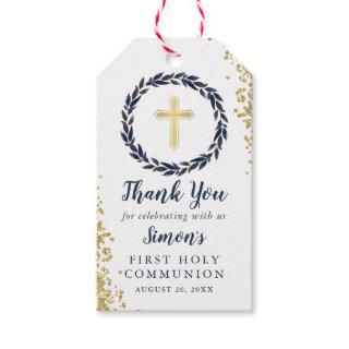 Navy Blue Wreath Gold Glitter First Holy Communion Gift Tags