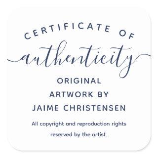 Navy Chic Script Certificate of Authenticity Square Sticker