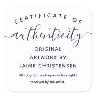 Navy Chic Script Certificate of Authenticity Square Sticker