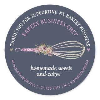 Navy Cute Caterer Bakery Chef Glitter Whisk Flower Classic Round Sticker