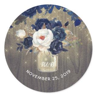 Navy Flowers Mason Jar Rustic Wedding Classic Round Sticker