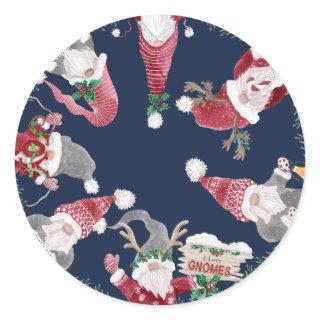 Navy Gnomes Christmas Watercolor Holly Foliage Classic Round Sticker