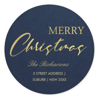 NAVY GOLD CALLIGRAPHY MERRY CHRISTMAS ADDRESS CLASSIC ROUND STICKER