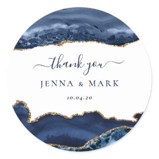 Navy Gold Glitter Agate Geode Marble Thank You Classic Round Sticker