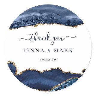 Navy Gold Glitter Agate Geode Marble Thank You Classic Round Sticker