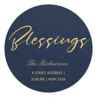 NAVY GOLD MINIMAL CALLIGRAPHY BLESSINGS ADDRESS CLASSIC ROUND STICKER