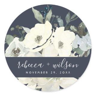 NAVY IVORY WHITE FLORAL WATERCOLOR BUNCH WEDDING CLASSIC ROUND STICKER