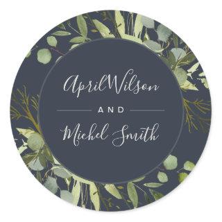 NAVY LEAFY GREEN GOLD FOLIAGE WATERCOLOR WEDDING CLASSIC ROUND STICKER