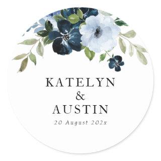navy & light blue floral wedding classic round sticker