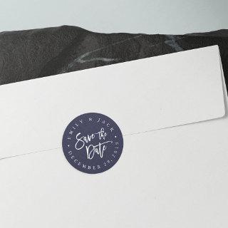 Navy | Modern Brush Lettered Save the Date Classic Round Sticker