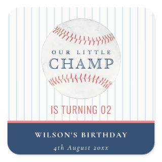 Navy Our Little Champ Baseball Any Age Birthday Square Sticker