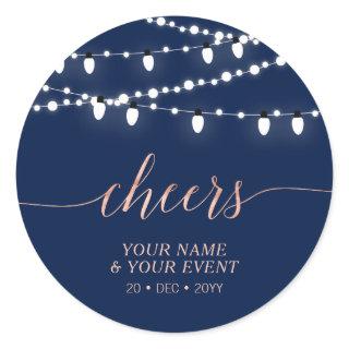 Navy & Rose Gold String Lights Cheers Favor Gift Classic Round Sticker