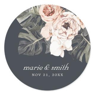 NAVY RUST MONSTERA WATERCOLOR FLORAL WEDDING  CLASSIC ROUND STICKER
