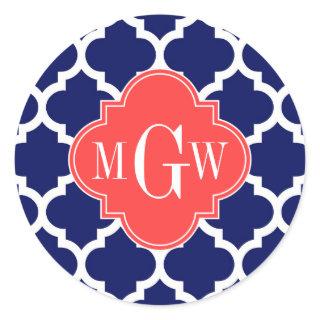 Navy Wht Moroccan #5 Coral Red 3 Initial Monogram Classic Round Sticker