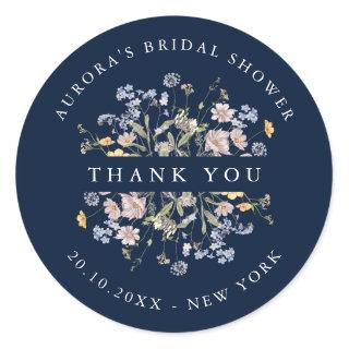 Navy Wildflower Meadow Bridal shower thank you Classic Round Sticker