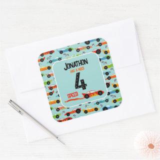 Need 4 speed racecar fourth birthday party square sticker