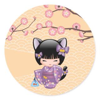 Neko Kokeshi Doll - Cat Ears Geisha Girl Classic Round Sticker