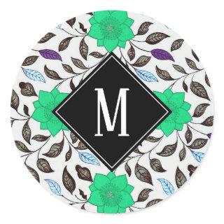 Neo Mint Vintage Floral Poppy Pattern Monogram  Classic Round Sticker
