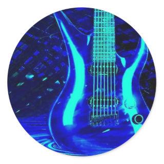 Neon blue guitar classic round sticker
