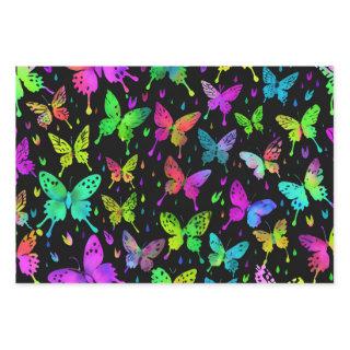 Neon Butterflies on Black Background Vibrant  Sheets