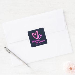 Neon Pink Hearts Drunk in Love Wedding Square Sticker