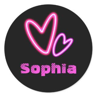 Neon Pink Hearts Name Classic Round Sticker
