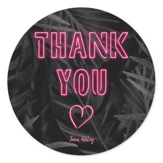Neon pink sign order thank you black palm leaf classic round sticker