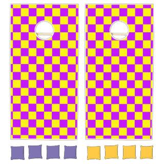 Neon Purple Yellow Checkered Checkerboard Vintage Cornhole Set