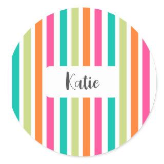 Neon rainbow stripes fun retro  classic round sticker