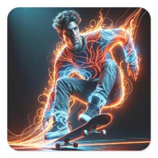 Neon Skateboarder With Fiery Light Trails Square Sticker