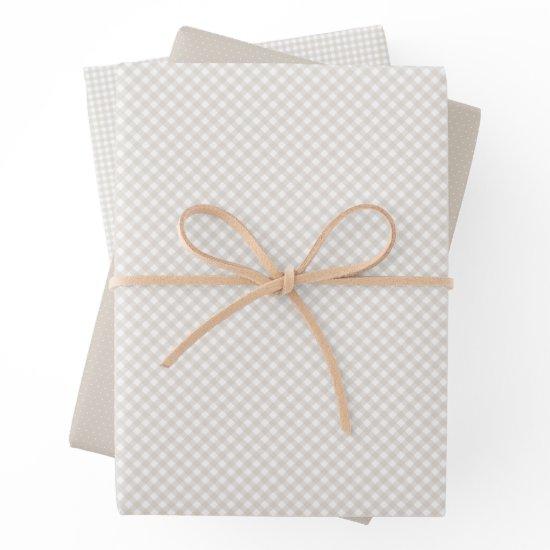 Neutral beige gingham and dots simple classic baby  sheets