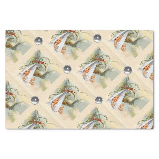 NEUTRAL STORK BABY SHOWER WHITE GEMSTONES TISSUE PAPER
