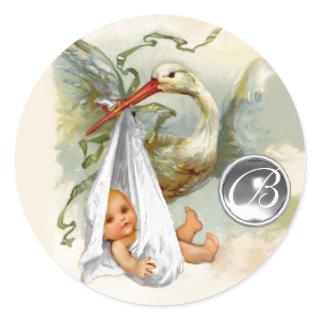 NEUTRAL WHITE STORK BABY SHOWER GEMSTONE MONOGRAM CLASSIC ROUND STICKER