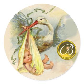 NEUTRAL YELLOW STORK BABY SHOWER GEMSTONE MONOGRAM CLASSIC ROUND STICKER