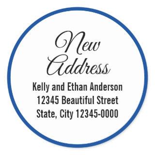 New Address Blue White Script Moving Announcement Classic Round Sticker