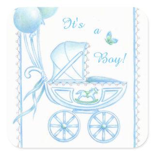 New Baby Boy Blue Buggy and Balloons Square Sticker