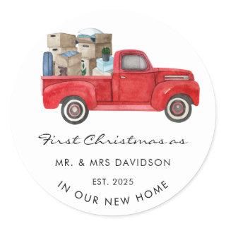 New Home First Christmas As Mr and Mrs Red Truck Classic Round Sticker
