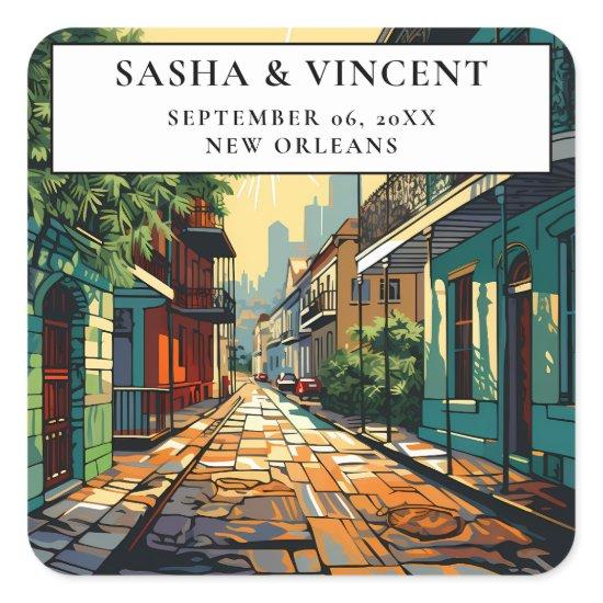 New Orleans Louisiana Wedding Retro Square Sticker