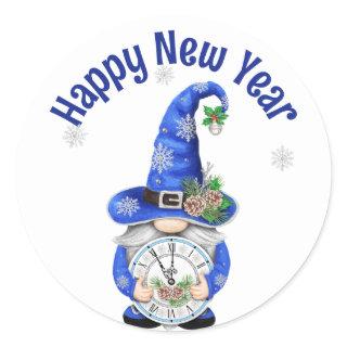 New Year Blue Gnome with Clock Classic Round Sticker